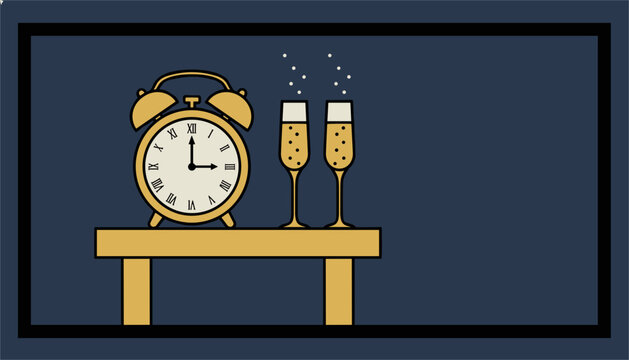 Festive graphic showing an alarm clock pointing to three o clock next to two filled champagne glasses on a table in dark blue space.