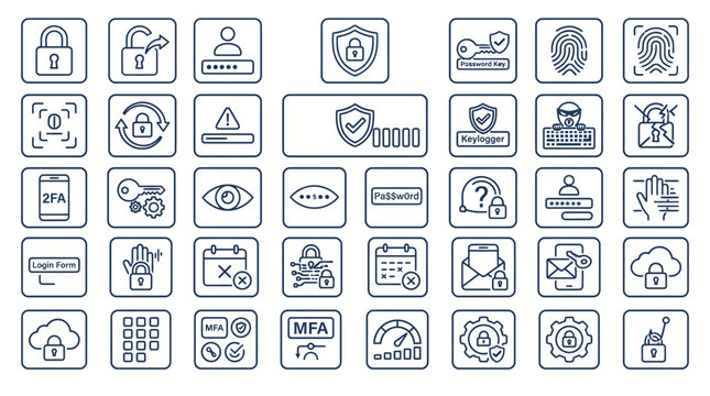 Cyber security line icons set, data protection and login authentication symbols, 40 digital privacy vector elements for web design