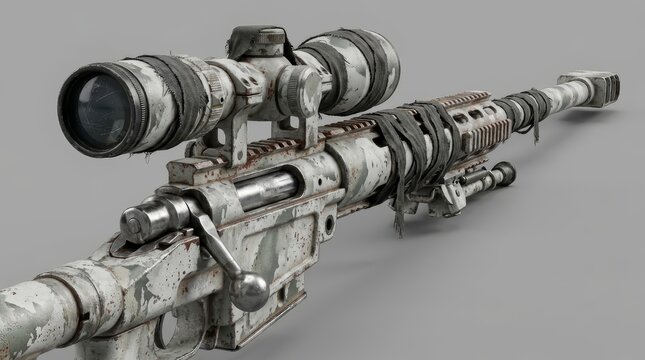 Highly detailed 3D render of a distressed sniper rifle. Features a worn camouflage finish, wrapped barrel, exposed bolt, and a cracked scope lens against a grey background. 
