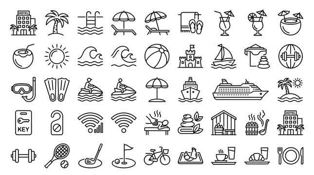 Summer vacation line icons set, 45 tropical resort and travel vector symbols, beach holiday and hotel amenities outline collection