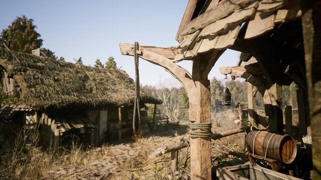 A weathered wooden structure stands prominently, featuring a hanging rope, surrounded by lush greenery and a distant hut. The setting is peaceful, depicting natures tranquility.