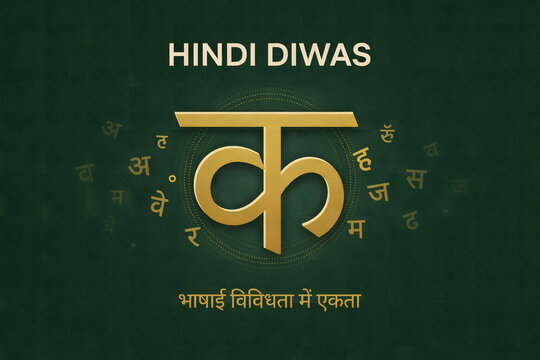 Hindi diwas banner featuring a large golden devanagari letter surrounded by smaller floating characters on a textured dark green background