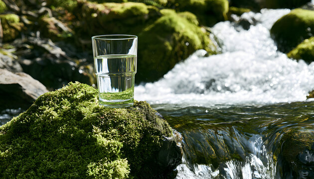 A glass of fresh, clear water placed on a moss-covered rock beside a babbling river