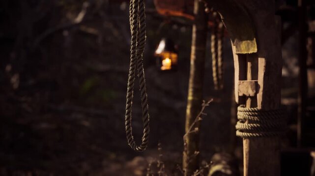 A warm glow from a lantern illuminates a rustic wooden structure surrounded by trees. Ropes hang down, adding to the natural ambiance of this secluded forest location.