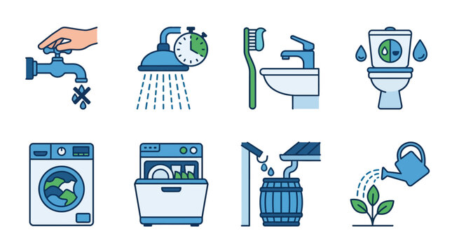 Set of icons illustrating water conservation methods and saving water at home
