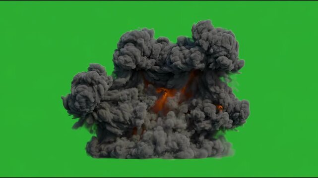 Unitary rocket warhead blast with dense smoke on green screen