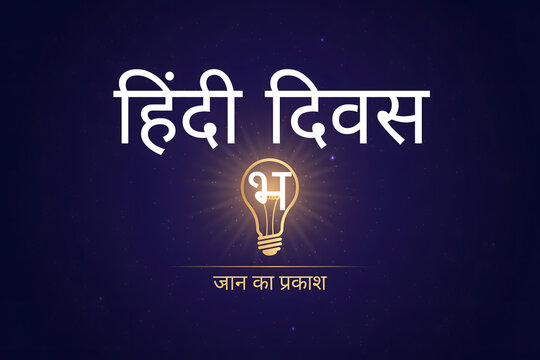 Hindi diwas celebration featuring a glowing light bulb with devanagari script on a dark blue background, with light particles