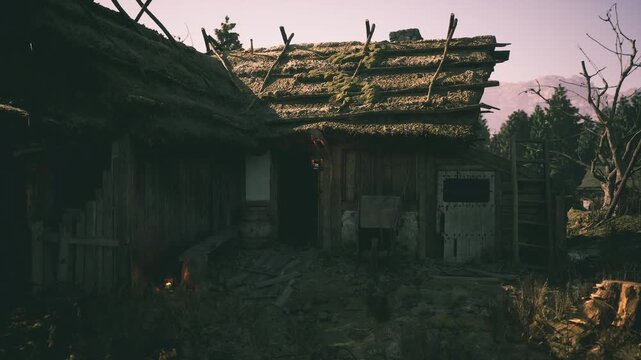 A rustic house showcasing a moss covered roof sits among lush greenery in a tranquil mountain setting. The structure reflects a bygone era, surrounded by nature.