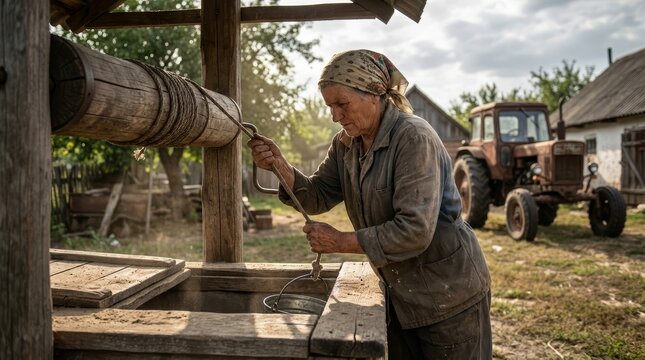 An elderly woman in traditional attire draws water from an old wooden well in a rural village setting, symbolizing hard work and simple living.