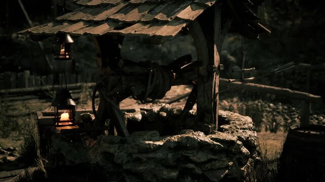 A rustic stone well stands in a quiet forest at twilight, illuminated by glowing lanterns. Surrounding the well are wooden barrels and hints of nature, creating a mysterious atmosphere.