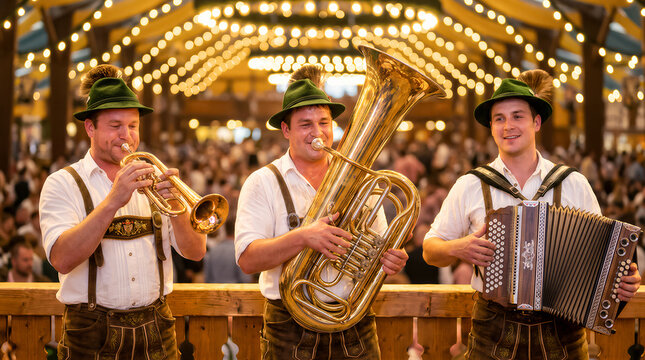 Bavarian musicians in traditional lederhosen playing trumpet, tuba and accordion under string lights at Oktoberfest tent. Bavarian carnival Oktoberfest festival celebrating concept with copy-space.