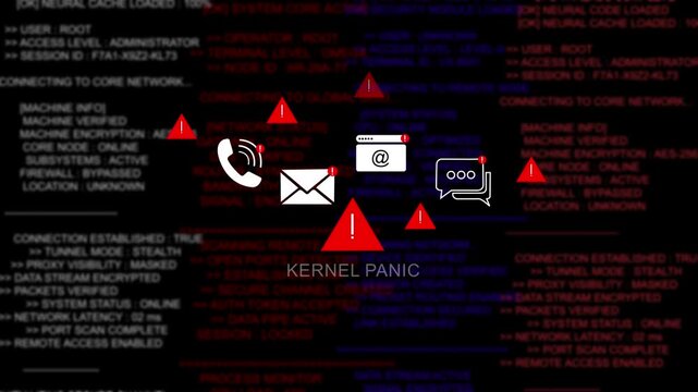 Critical system kernel panic error alert with digital communication and red warning symbols displayed over a complex dark background, of scrolling binary, code and cybersecurity, network data streams