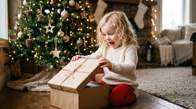 Young Child Lifting Gift Lid, Excited Holiday Surprise