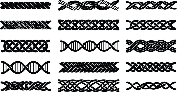 Nautical rope border set, 15 black twisted cord vector brushes, celtic knot patterns and dna helix dividers for graphic design