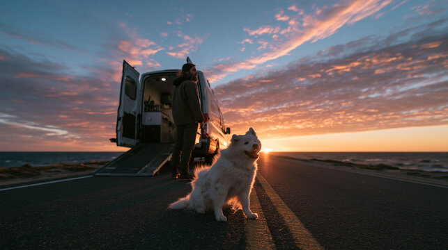 Man and Dog with Camper Van on Coastal Road at Sunset