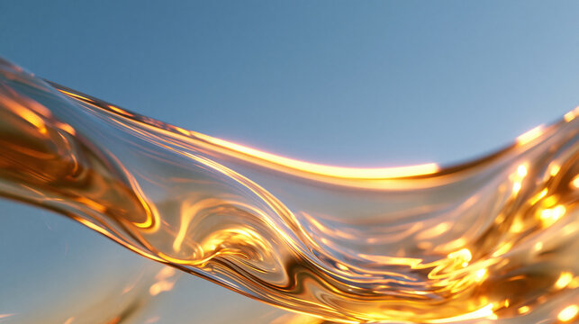 Golden Liquid Oil Flowing in Motion Against Blue Sky