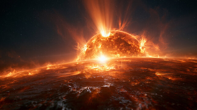 Massive Solar Flare Erupting Over Scorched Planet Surface