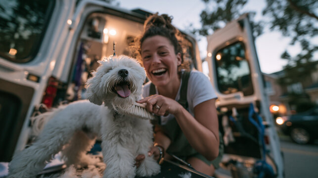 Smiling Female Pet Groomer Brushing Dog in Mobile Van