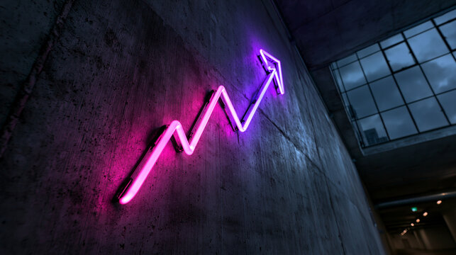 Glowing Neon Growth Arrow Sign on Concrete Wall