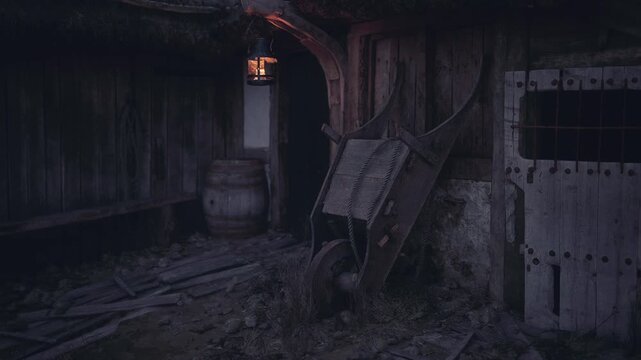 A serene rustic outdoor setting features a weathered wheelbarrow, a glowing lantern, and stacked wooden barrels. The atmosphere is calm as dusk approaches, casting soft shadows.