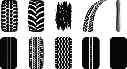 Black tire track silhouettes set, 10 vector tire tread patterns, automotive rubber wheel marks for car and truck design © Sajid