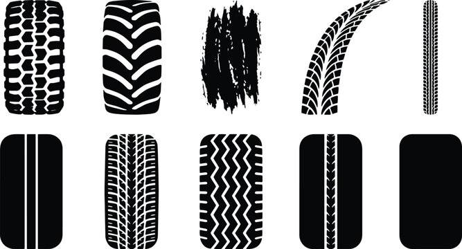 Black tire track silhouettes set, 10 vector tire tread patterns, automotive rubber wheel marks for car and truck design