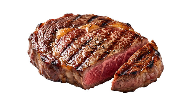A delicious grilled ribeye steak with a sliced piece isolated on transparent background