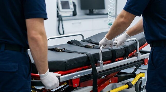 Emergency Medical Technicians Prepare Stretcher for Patient Transport.