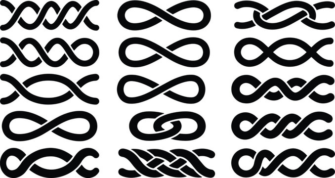 Celtic knot border set, black braided rope patterns, 14 decorative infinity line vectors, nautical twist frame elements for graphic design