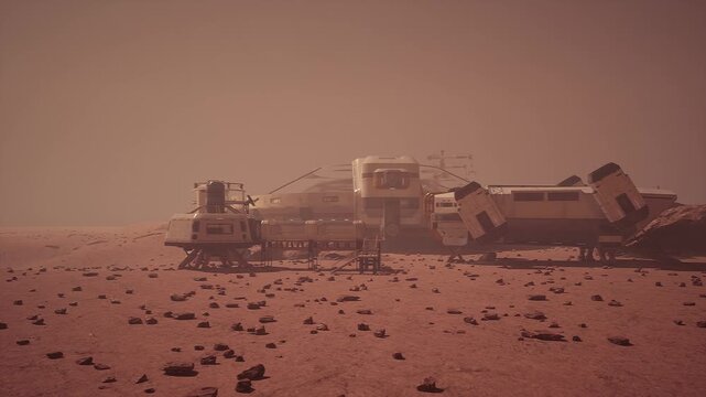 Colonists work in a Mars colony featuring multiple habitats and research stations under a dusty atmosphere. Vehicles and equipment are scattered across the rocky Martian terrain.