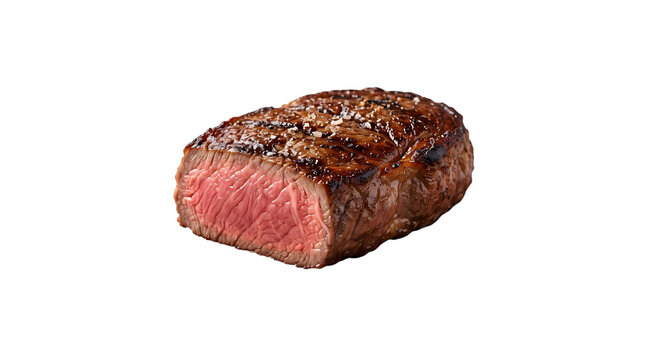 A delicious grilled beef steak piece showing a medium rare center isolated on transparent background