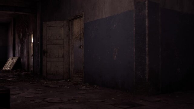 Dust and debris cover the floor of an abandoned hallway with peeling walls. Soft light from a window illuminates the dark corners, revealing signs of neglect and decay.