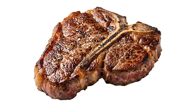 A delicious grilled t bone steak with a charred crust isolated on transparent background