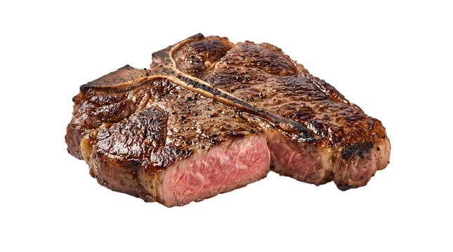 A delicious grilled porterhouse steak with a juicy pink center isolated on transparent background