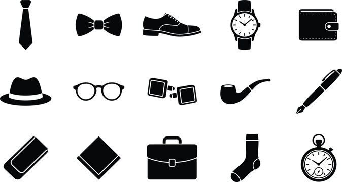 Gentleman fashion accessories icon set, 15 black silhouette male style elements, formal menswear and grooming vector icons