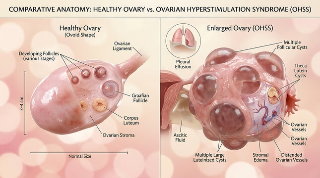 Healthy Ovary Versus Ovarian Hyperstimulation Syndrome Multiple Large Cysts and Ascites