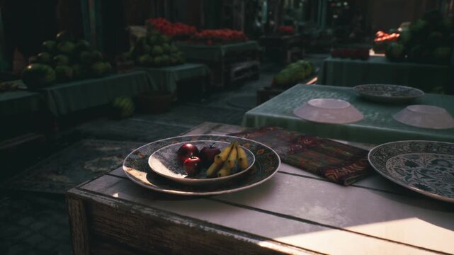 Colorful fruits including bananas and cherries are placed on decorative plates on a rustic table. The setting hints at a lively market atmosphere with sunlit stalls nearby.