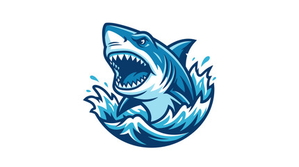 Fototapeta premium Fierce great white shark leaping out of blue ocean waves in a dynamic mascot logo illustration