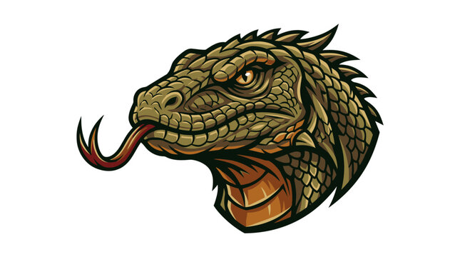 Fierce and detailed vector illustration of a reptile or lizard head with scales and forked tongue, aggressive wildlife graphic concept