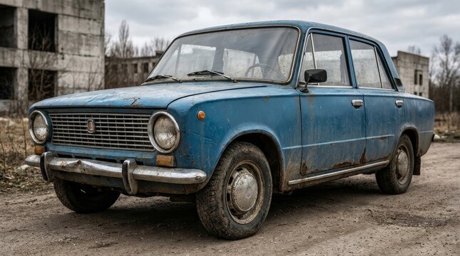 A weathered, rusty blue vintage Lada car stands on a desolate dirt road with abandoned concrete buildings, evoking decay and forgotten history.