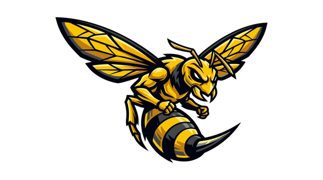 Fierce aggressive yellow hornet mascot vector illustration with menacing posture and detailed wings for sports team logo design