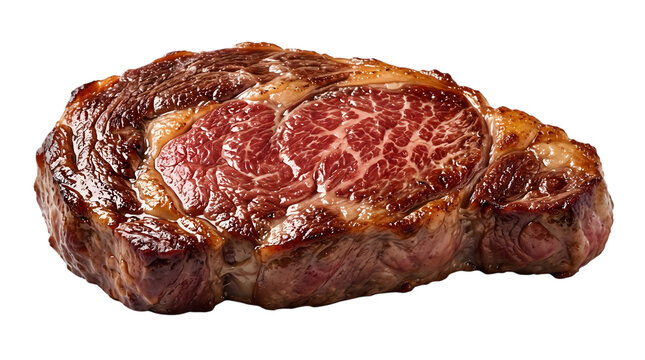 A delicious grilled ribeye steak with beautiful marbling isolated on transparent background