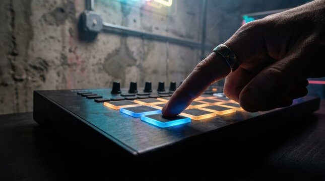Close-up of a Musician's Hand Pressing a Glowing Pad on a MIDI Controller in a Dark Studio, concept of digital music creation and creative workflow