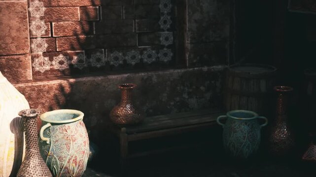 Colorful pottery pieces are displayed in a dimly lit room adorned with intricate mosaic patterns. Shadows play across the textured walls as natural light filters in, creating a serene ambiance.