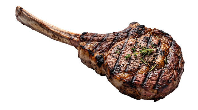 A delicious grilled tomahawk steak with herbs isolated on transparent background