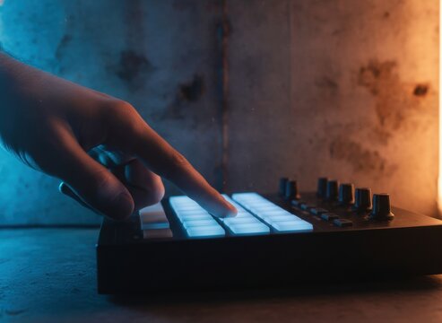 Close-up of a Hand Pressing Glowing Pads on a MIDI Controller in a Dark Studio with Blue and Orange Lighting, concept of digital music creation and creative workflow
