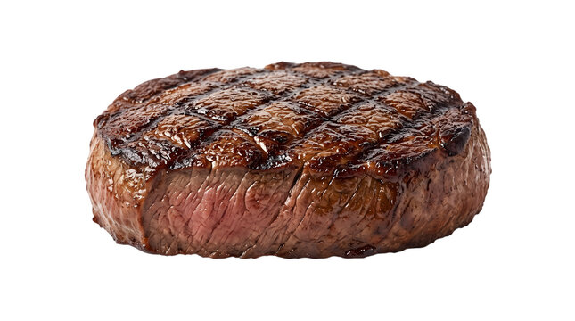A single grilled beef steak patty with charred grill marks isolated on transparent background