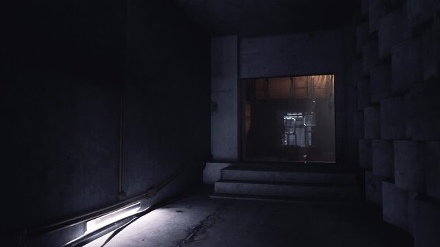 A dark corridor with textured walls and a faint light source illuminates a doorway at the end. The environment feels industrial and uninviting, evoking curiosity about what lies beyond.