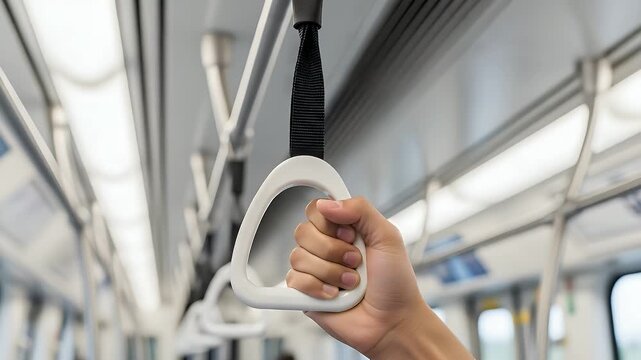 Passenger hand gripping a white overhead handle strap for stability while standing inside a modern commuter train carriage during a daily trip across the city