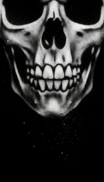 Black and White Human Skull Illustration with Grinning Teeth on Dark Background, concept of mortality and the macabre
